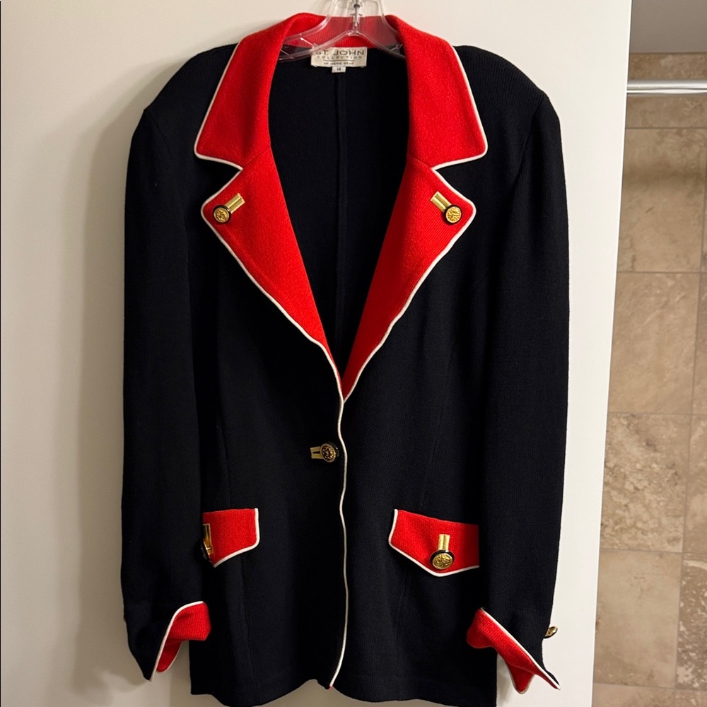 St. John Black Blazer with Red Lapels and Gold Buttons